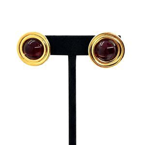 VINTAGE MONET EARRINGS Red Glass Cabochon Gold Tone NOS Original Card